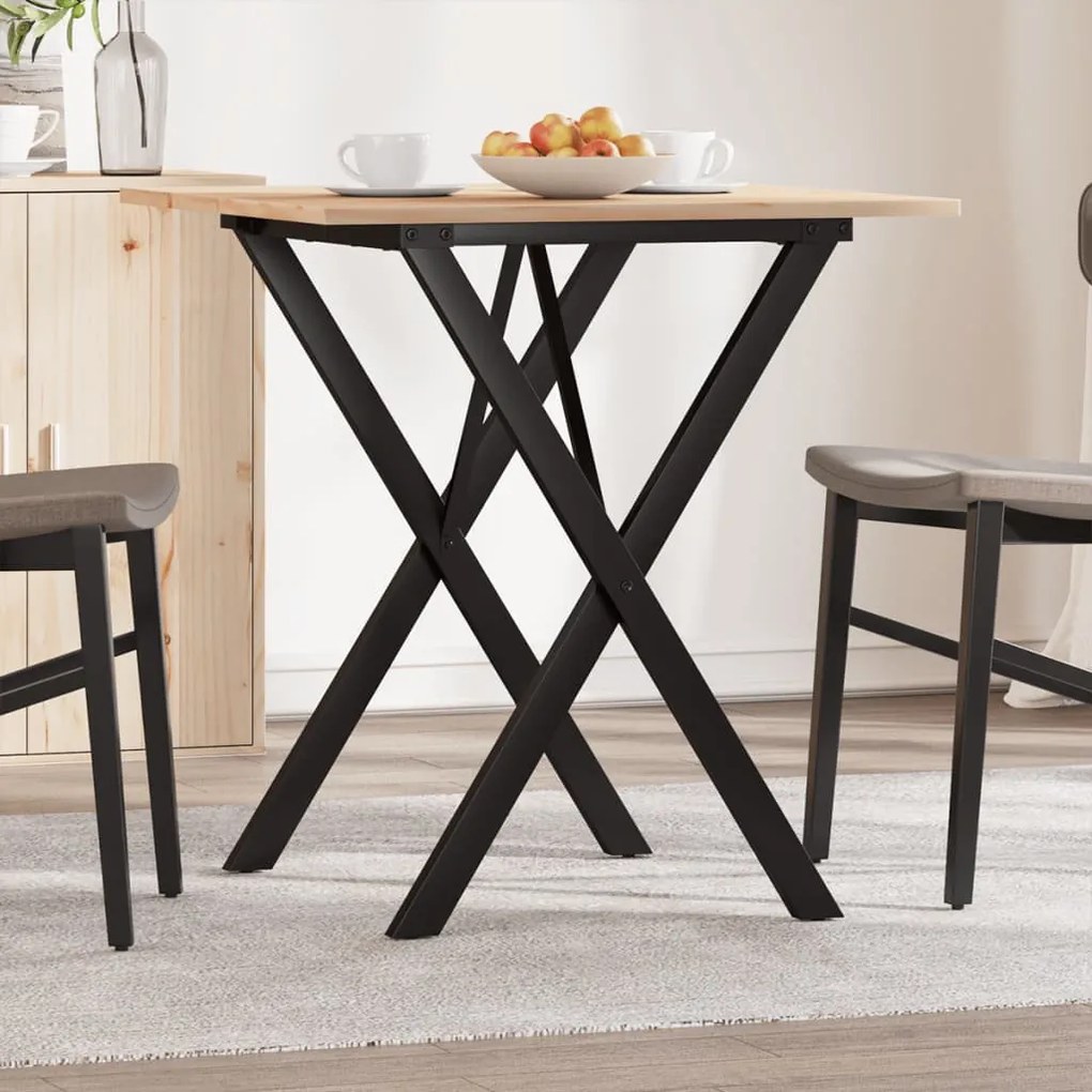 Tömör fenyőfa és acél étkezőasztal X-vázzal 70x70x75 cm
