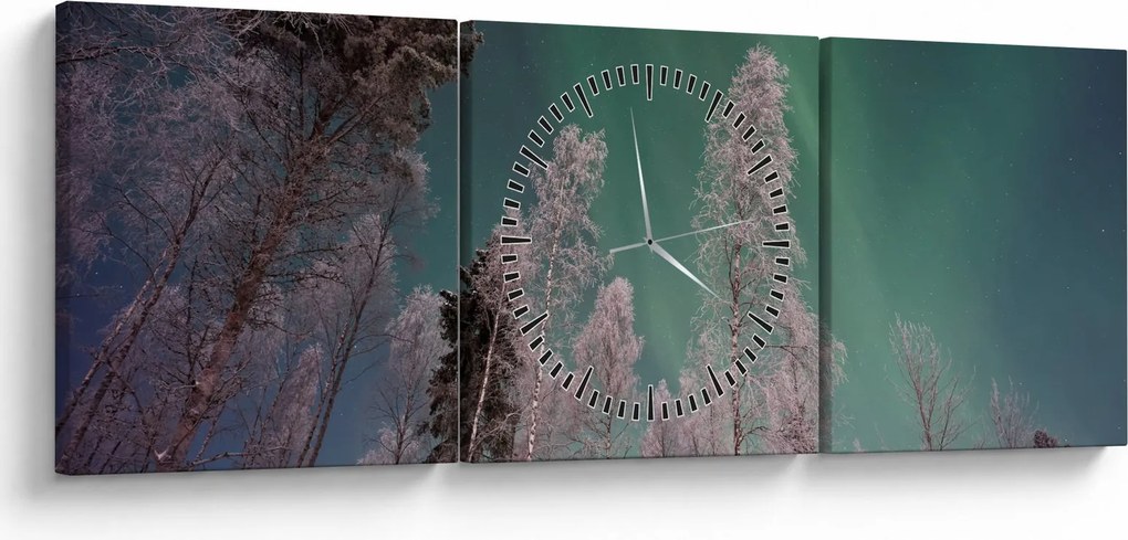 Az aurora borealis képe fagyos fák felett (órával) (90x30 cm)