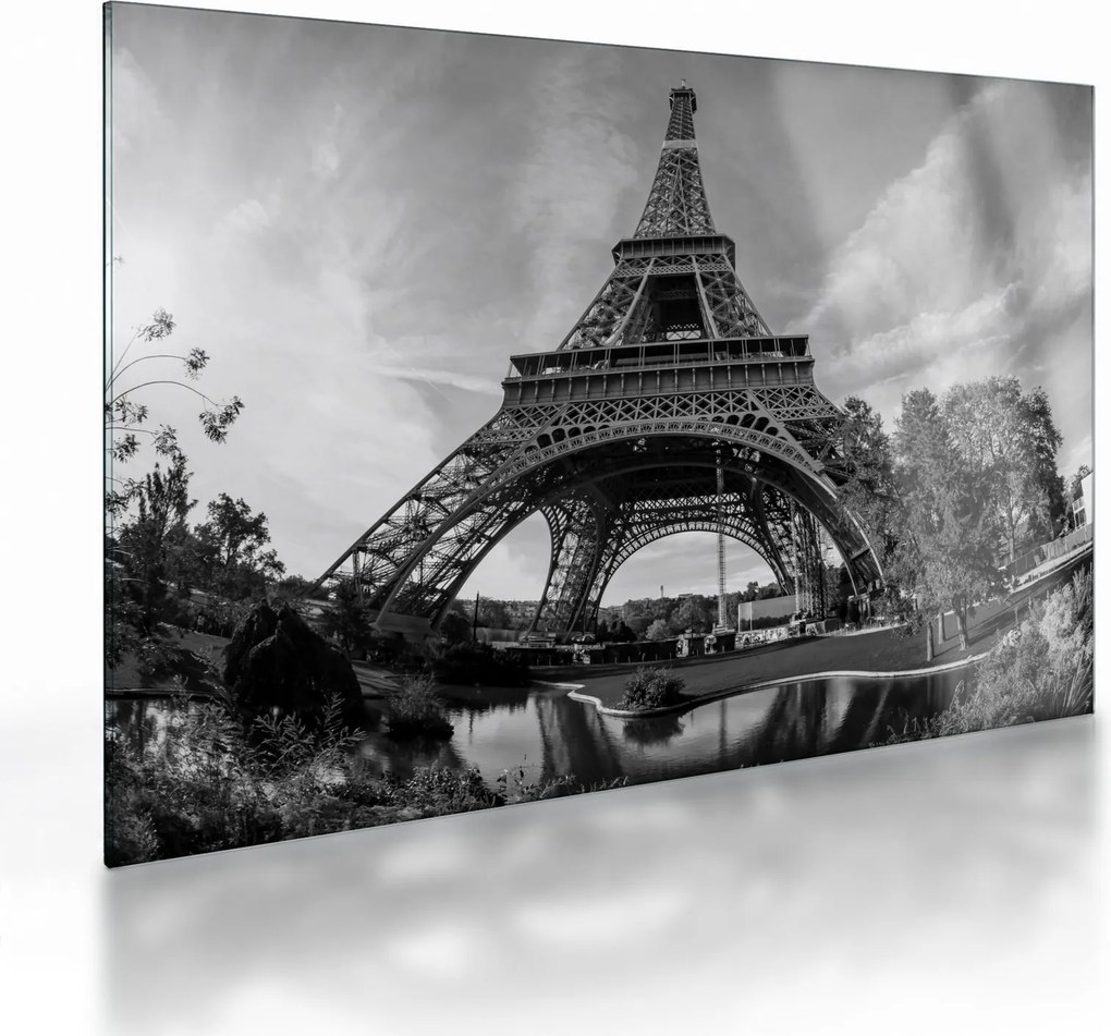 Üveg kép - Eiffel-torony, fekete-fehér (70x50 cm)