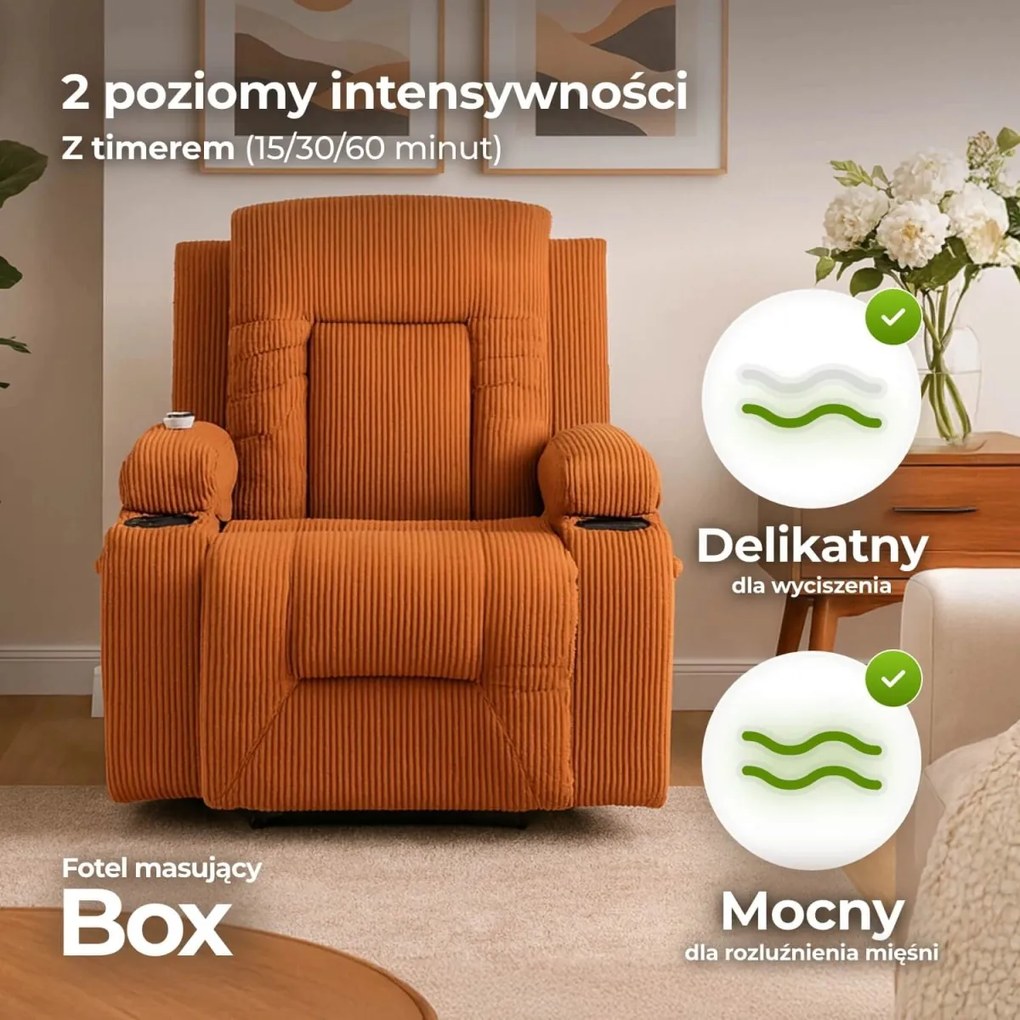 Masszírozós dönthető fotel vörösesbarna színben, kordbársony kárpittal BOX