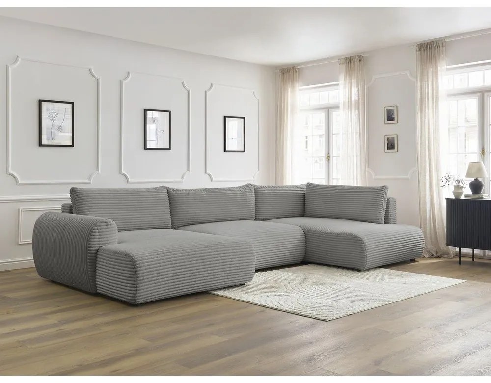 Sötétszürke kordbársony kinyitható-tárolóhelyes sarokkanapé (jobb oldali-U alakú) Lucien – Bobochic Paris