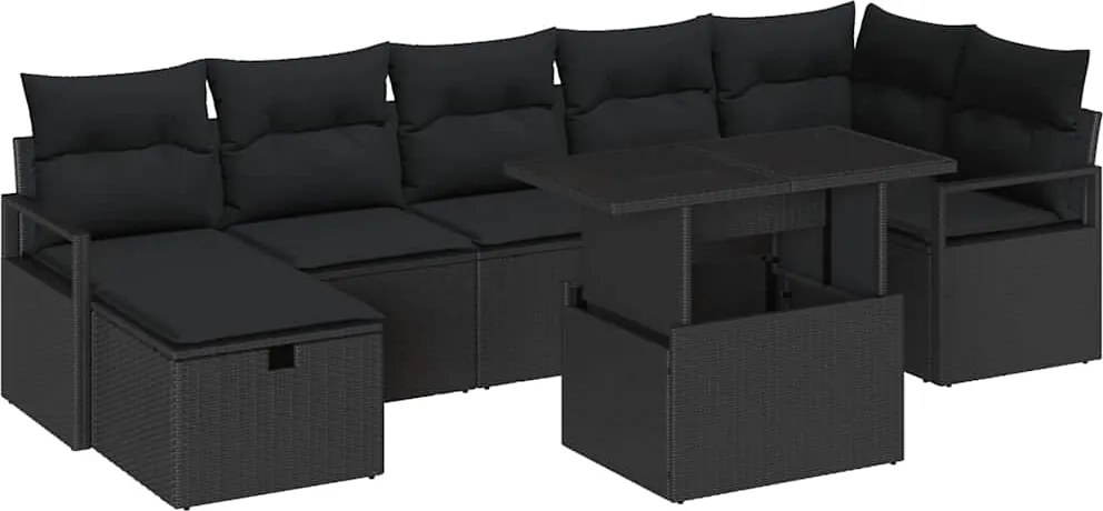 vidaXL Kerti Kanapé Szett párnával tárolóval 8 pcs Fekete Poli rattan