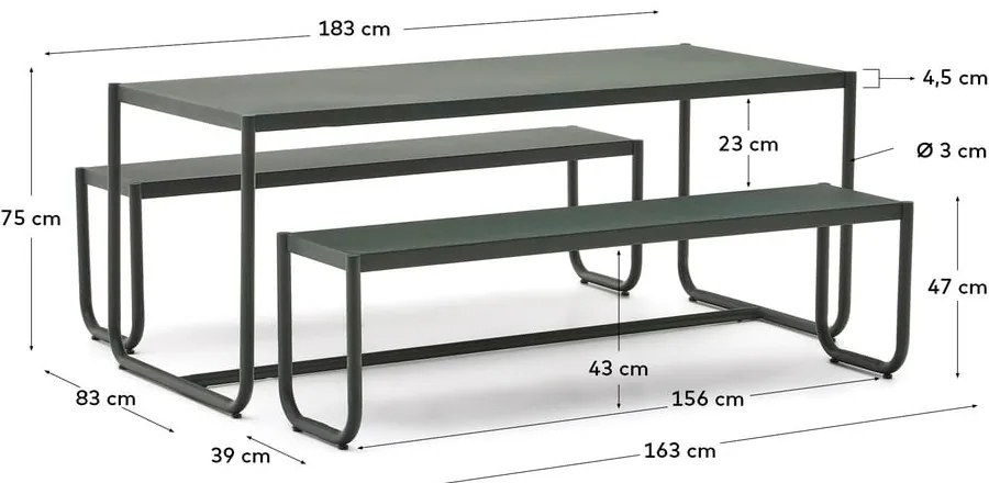 Sötétzöld fém négyszemélyes kerti étkezőgarnitúra Sotil – Kave Home