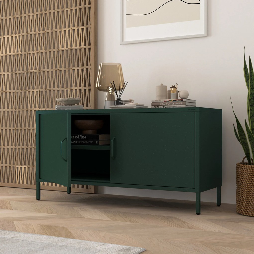 Fém TV-szekrény lábakkal, üvegzöld, 1150x595x400 mm: ROSA Modern