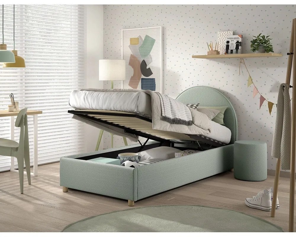 Zöld kárpitozott ágyneműtartós egyszemélyes ágy ágyráccsal 90x200 cm Moon – Vipack