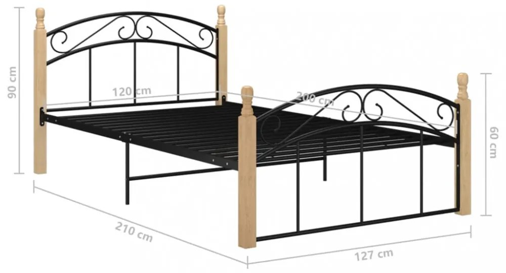 fekete fém és tömör tölgyfa ágykeret 120 x 200 cm