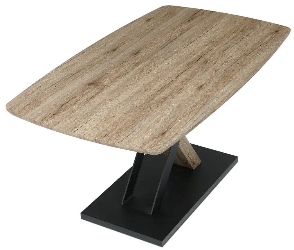 Masă de sufragerie modernă 160x90cm, MDF, stejar 3D culoare san remo, picioare metalice, lac negru