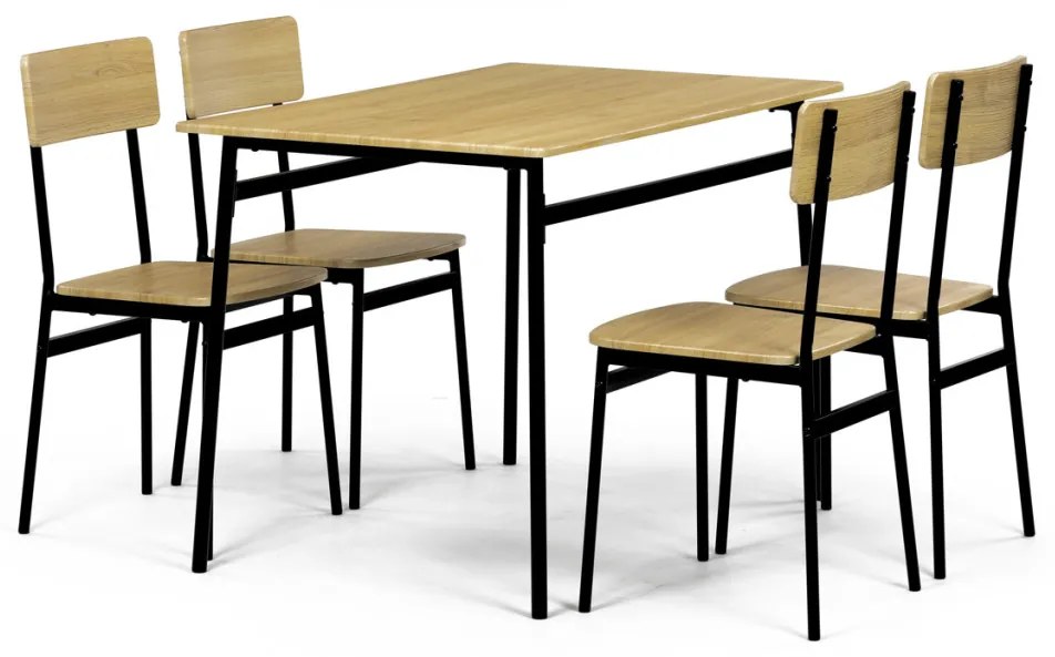 Set de sufragerie Masă cu Patru Scaune, MDF, decor Stejar Natural, cadru metalic negru