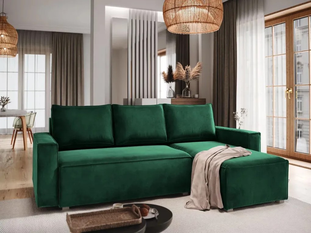 AKCIÓ Sötétzöld kihúzható sarokkanapé CAVELO, kétoldalú II. osztály