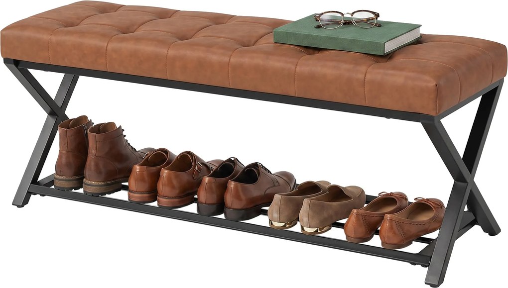 HOMCOM cipőpad párnázott üléssel, tárolópolccal, ipari X-keretes acélváz, PU bőr, max. 220 kg, 112 x 37 x 47 cm, barna | Aosom