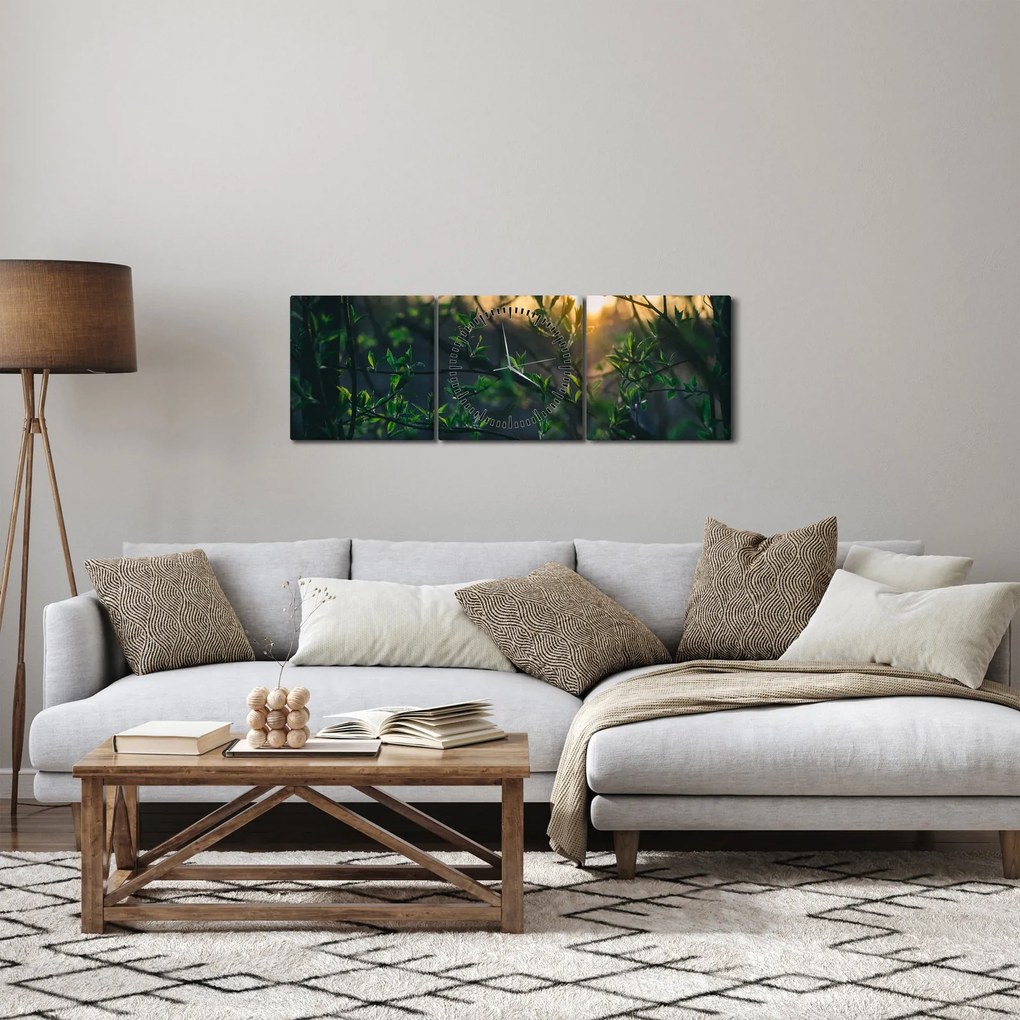A ragyogó nap képe a fák gallyain keresztül (órával) (90x30 cm)