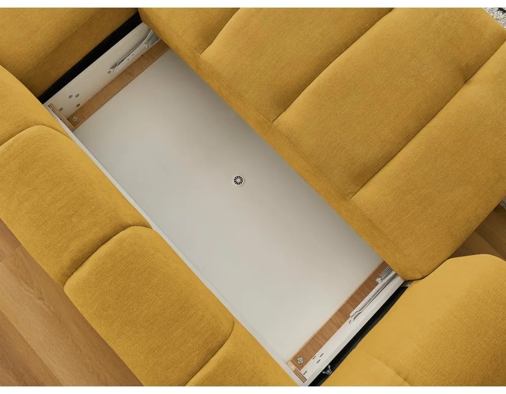 Mustársárga kinyitható-tárolóhelyes sarokkanapé (jobb oldali-heverő résszel) Fuji – Bobochic Paris