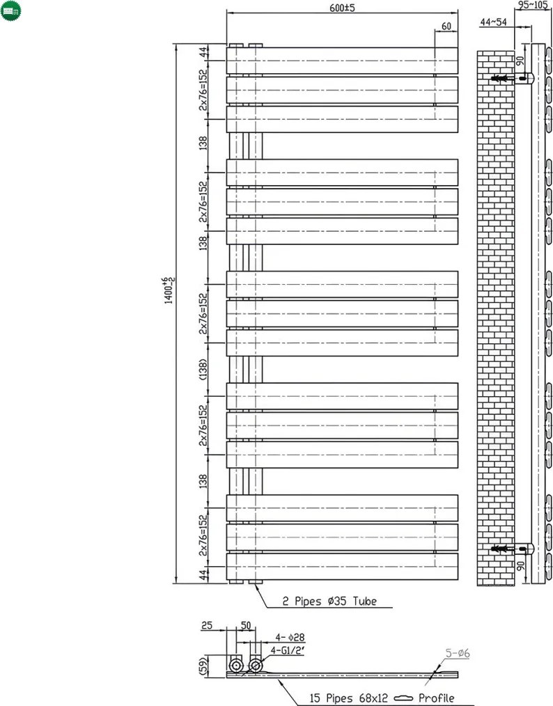 Solaro Design törölközőszárító radiátor 1600x600 mm fekete