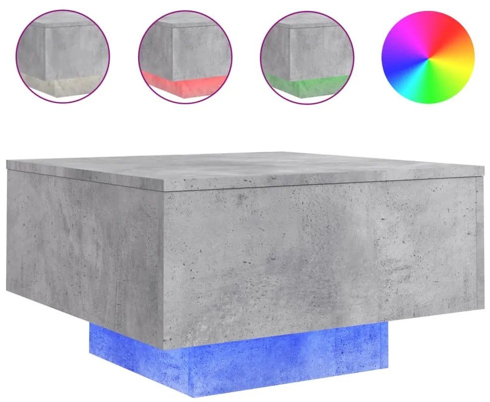 Betonszürke dohányzóasztal LED-lámpákkal 55 x 55 x 31 cm