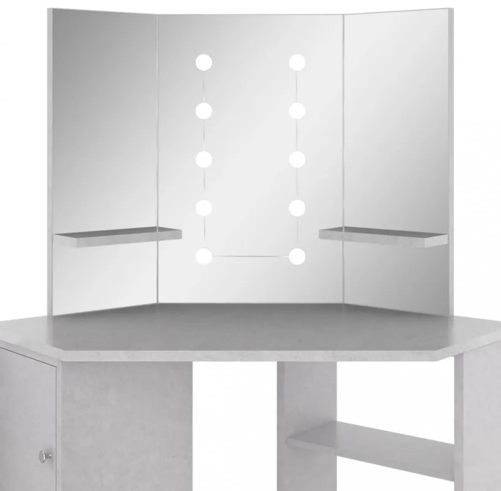 betonszürke sarok-fésülködőasztal LED-del 111x54x141,5 cm