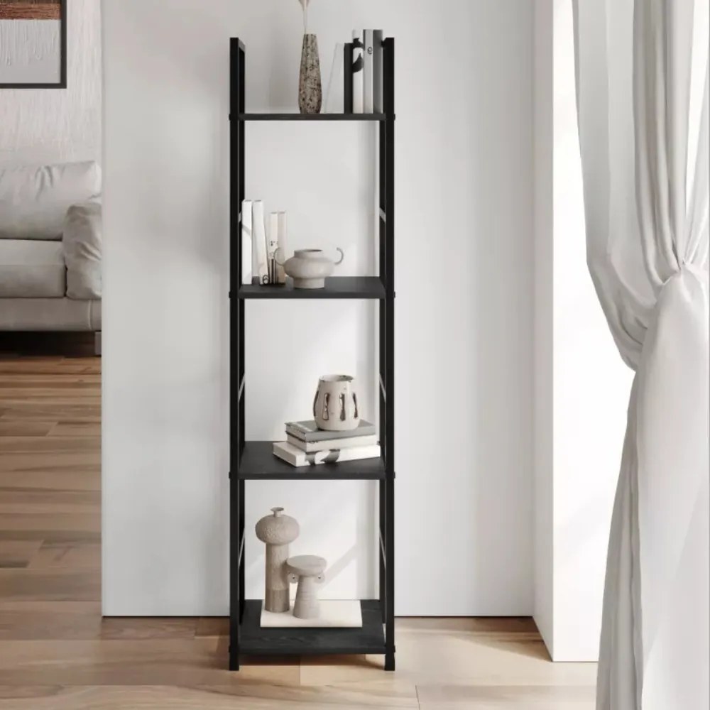 Fekete 4 szintes nyitott könyvespolc, tároló állvány fém lábakkal - 29x112cm Intenso
