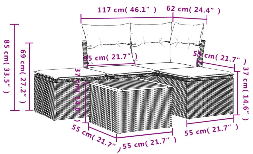 5 részes fekete polyrattan kerti kanapészett párnákkal