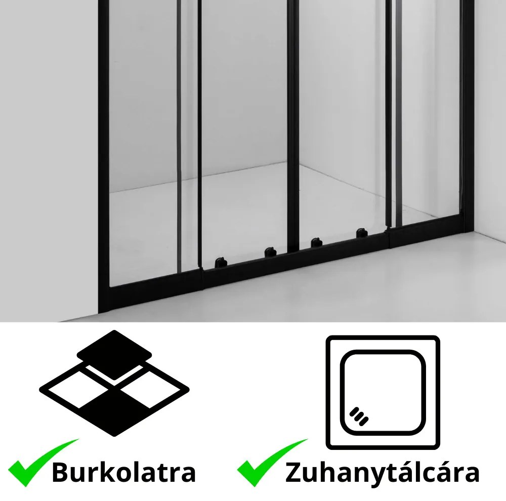 Stuxi Sydney Black 160 cm széles két tolóajtós zuhanyajtó 6 mm vastag vízlepergető biztonsági üveggel, fekete elemekkel, 200 cm magas