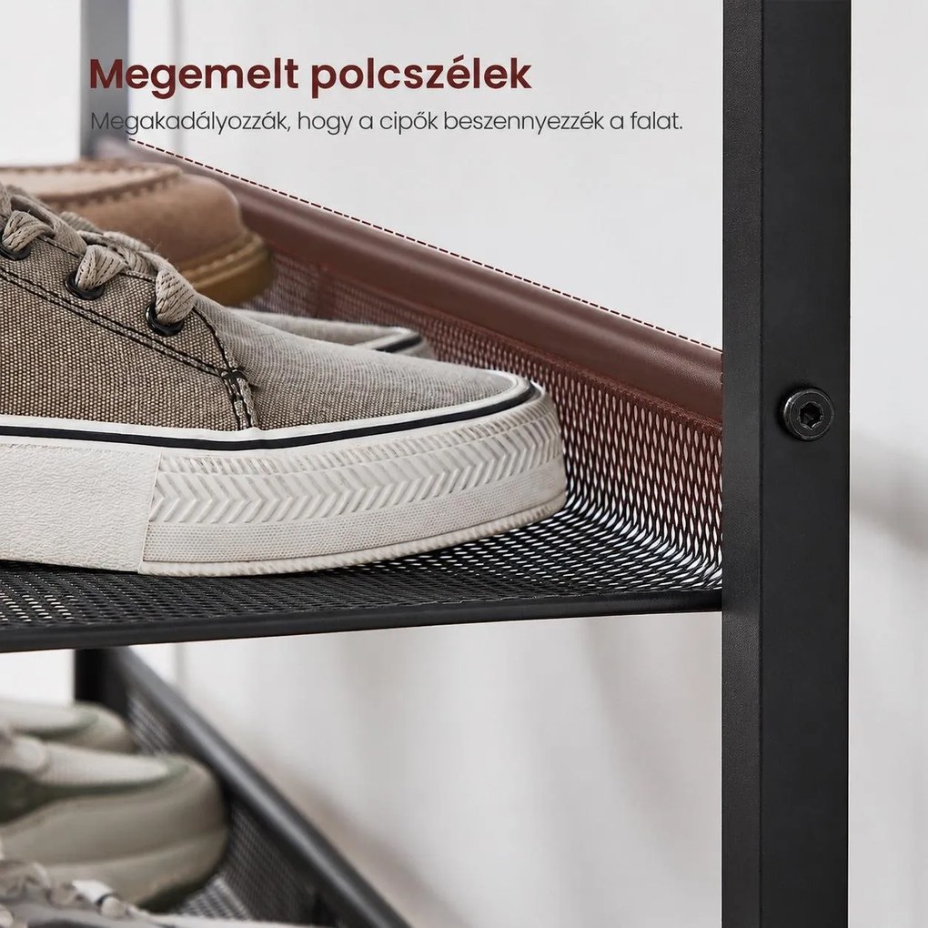 5 szintes cipőtartó 20–25 pár cipőhöz, 4 állítható hálós polccal, 75 x 28 x 93 cm, rusztikus barna és fekete