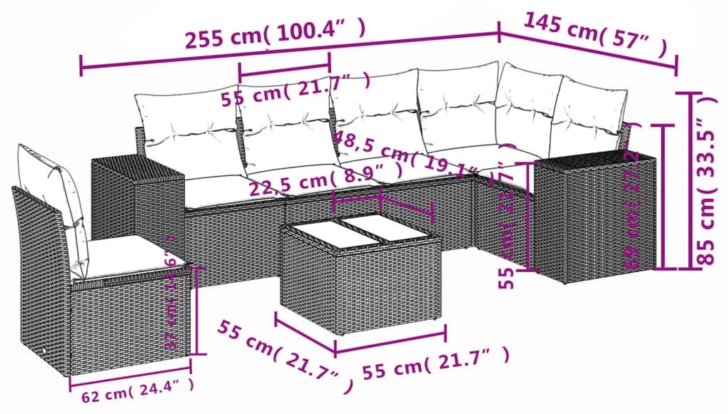 7 részes világosszürke polyrattan kerti ülőgarnitúra párnákkal