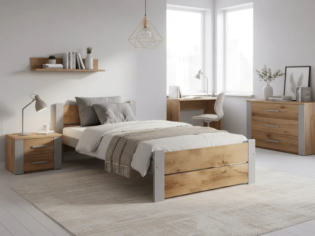 Ágy IKAROS DOUBLE 90 x 200 cm, artisan tölgy/szürke Ágyrács: Léces ágyrács, Matrac: Coco Maxi 20 cm matrac