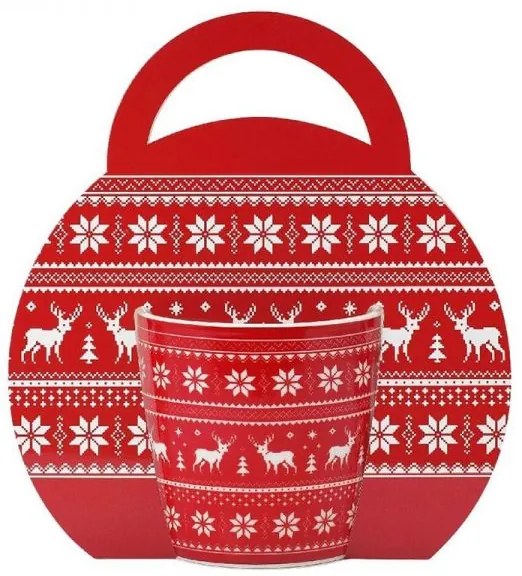 Karácsonyi porcelán bögre díszcsomagolásban - 300 ml piros szarvasos - norvég mintás