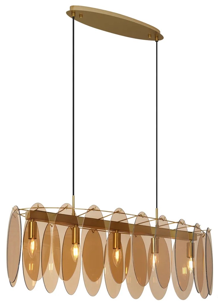 Art Deco függőlámpa arany színben, borostyánszínű, ovális üveggel, 5-ös - Mochan