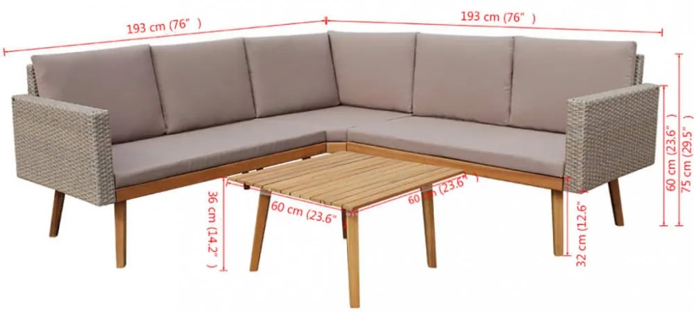 4-részes szürke polyrattan kerti bútorszett párnákkal