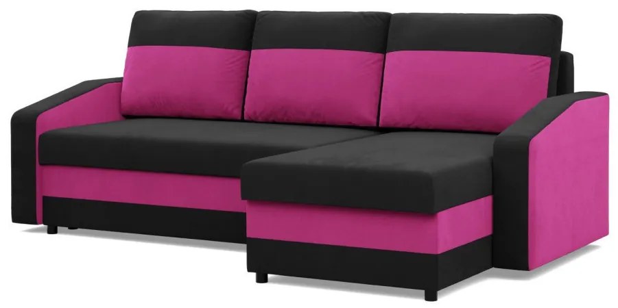 Hewlet sarokkanapé, 2 ágyneműtartóval, szövet anyag, univerzális oldal, hab töltet, fekete - rózsaszín