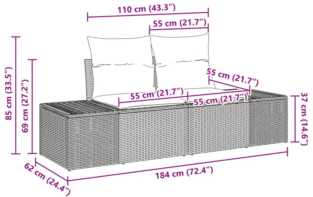 Kerti Kanapé Szett párnával 10 pcs Szürke polirattan