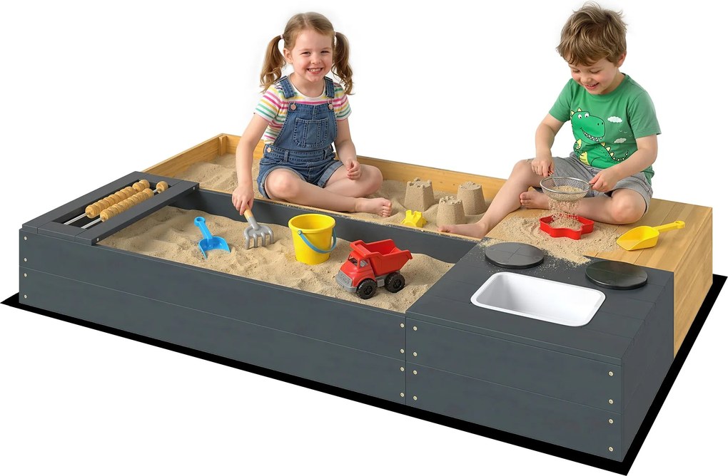 AIYAPLAY 2 részes fa homokozó 150 x 90 x 19,5 cm üléssel, tárolóval, játékkályhával és levehető mosogatóval, abakuszgyöngyökkel – 3–8 éveseknek, sárga
