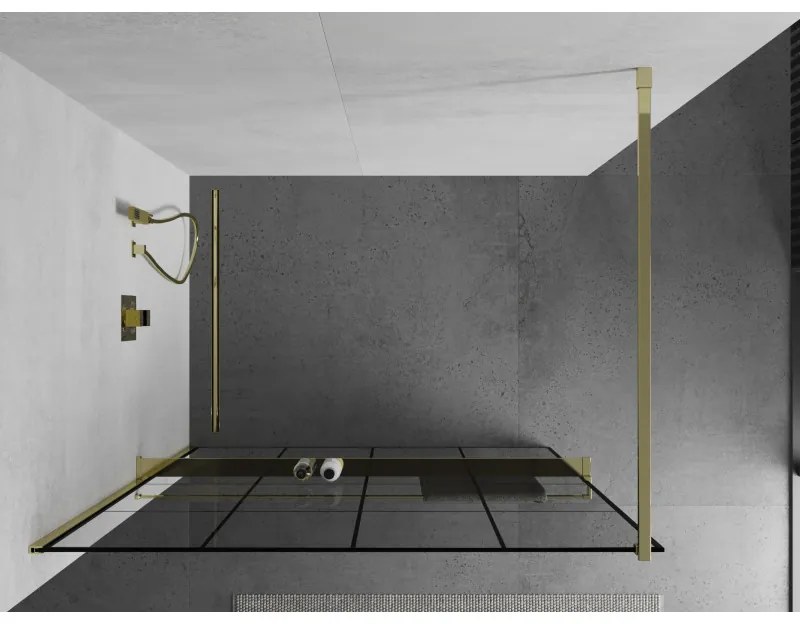 Mexen Kioto +, zuhany paraván polccal és törölközőtartóval 140 x 200 cm, 8mm átlátszó üvegmintás fekete, arany profil, 800-140-121-50-77
