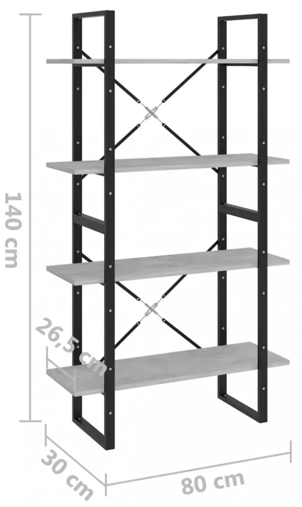 négyszintes betonszürke szerelt fa könyvszekrény 80x30x140 cm