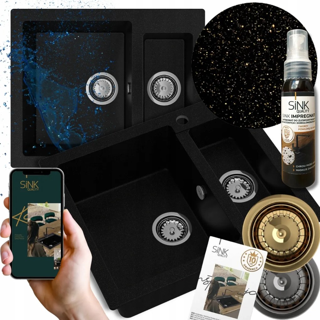 Konyhai mosogató másfélkamrás Gránit Arany metál 60cm Manuális Szifon