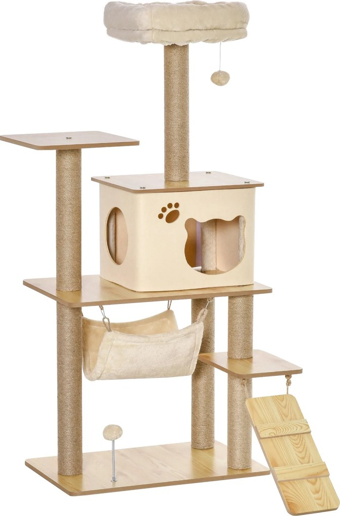 PawHut Macskafal Karmolóoszlop Macskáknak, Faház, Kókuszrost Kenderrel, Nagy Platform, Játék Golyo, 130 cm Magas, Stabil Plüss - Sárga, 60 x 40 x 130