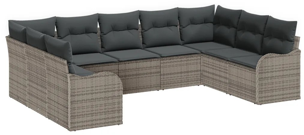 9 darabos kerti kanapé szett párnákkal, szürke poli rattan, 2-fős kerti kanapé párnákkal, szürke poli rattan