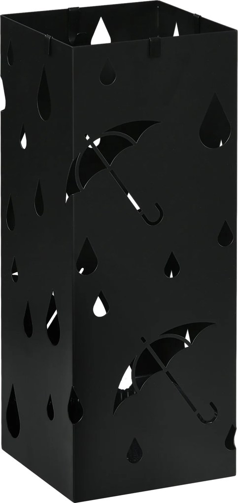 HOMCOM Esernyőtartó 4 Kampóval, Vízgyűjtő Tálcával, Fekete Acél Esernyő- és Bottartó 15,5 x 15,5 x 40 cm | Aosom