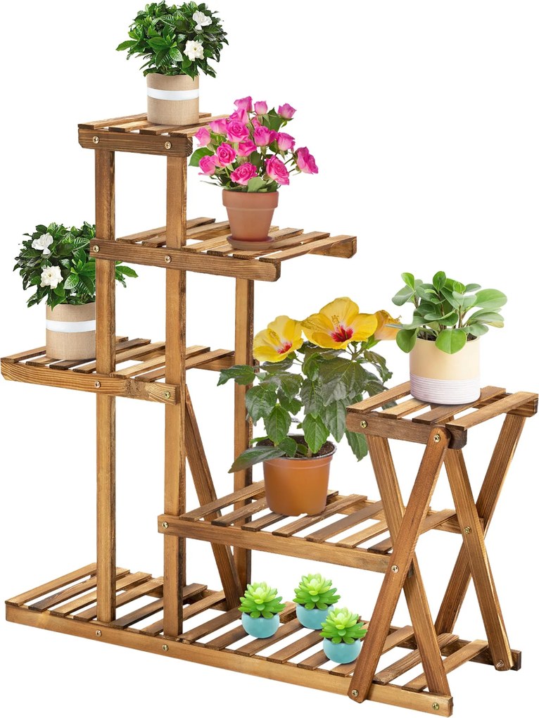 Outsunny Virágtartó Állvány Fa Lábakkal, 5 Szintes Virágállvány 60 kg Teherbírással Belső és Külső Használatra Teraszon, Kertben, Erkélyen 98x28x95 cm