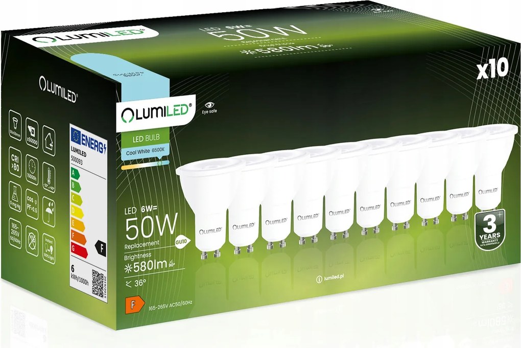 10x Led izzó GU10 6W 6500K Hideg Fehér 36° Nagy Teljesítményű Prémium CCD