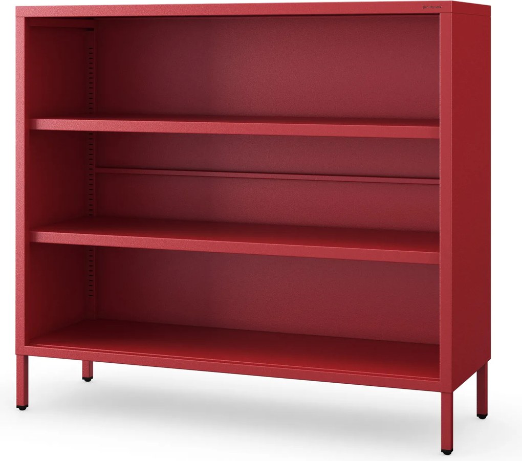 Alacsony, lábakon álló, nyitott fém polcos szekrény, piros, 1000x900x350 mm: LUCA Modern