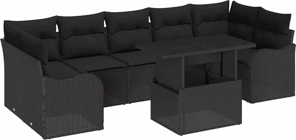vidaXL Kerti Kanapé Szett párnával tárolóval 8 pcs Fekete Poli rattan
