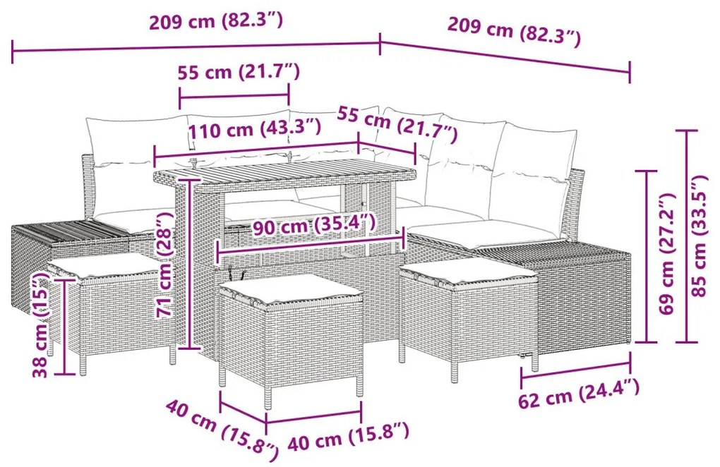 8 Darabos Kert Sofa Szett Párnákkal Bézs Poli Rattan Akác, 2 Személyes Kert Sofa Párnákkal Bézs Poli Rattan, 3 Darabos Kert Étkező Szett Párnákkal Bézs Poli Rattan Akác