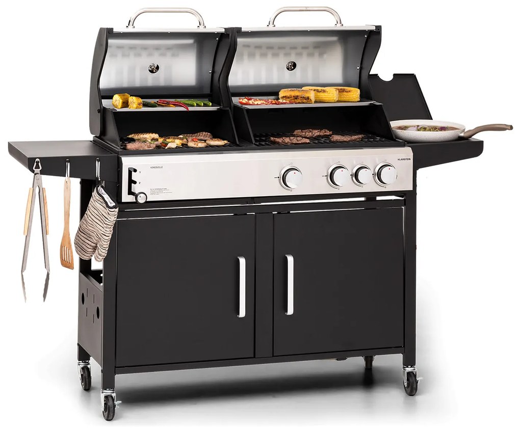 Kingsville 3.1, gáz + faszén kombinált grill, 10,9 kW, 3+1 égő, állítható magasság