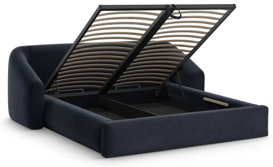 Sötétkék kárpitozott ágyneműtartós franciaágy ágyráccsal 140x200 cm Campi – Cosmopolitan Design