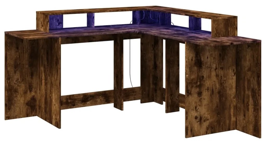 füstös tölgy színű szerelt fa íróasztal LED-ekkel 152x152x91 cm