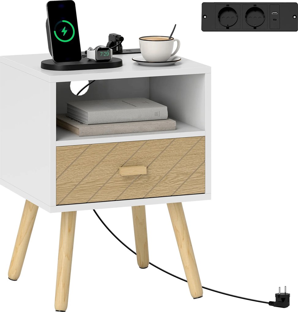HOMCOM éjjeliszekrény beépített töltőállomással, fiókkal, 2 hálózati aljzattal, USB és USB‑C, nyitott polc, fenyő lábak, fehér | Aosom