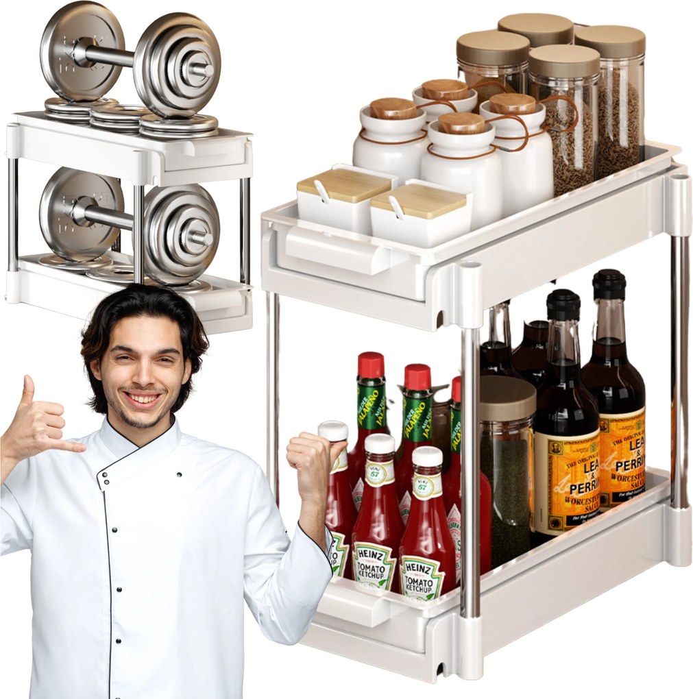 Spice Rack Rendszerező Fűszertartó Kétszintes Kihúzható Fehér