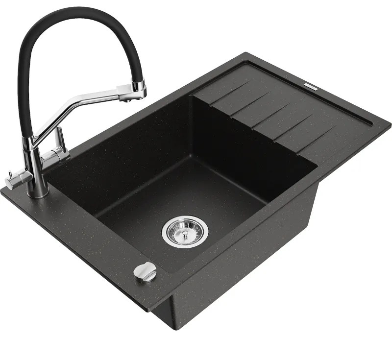 Mexen Elias gránit mosogató 1-medencés csepegtetővel és Duo konyhai csapteleppel, fekete/arany metál - 6511-75-671701-07