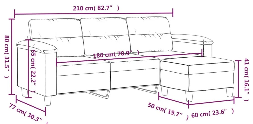 3 személyes krémszínű mikroszálas kanapé lábtartóval 180 cm