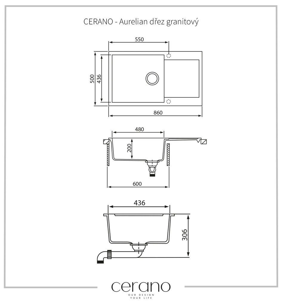 Cerano Aurelian, 1 kamrás gránit mosogató lefolyóval 860x500x200 mm, fekete metál, CER-LIVSQT104-B